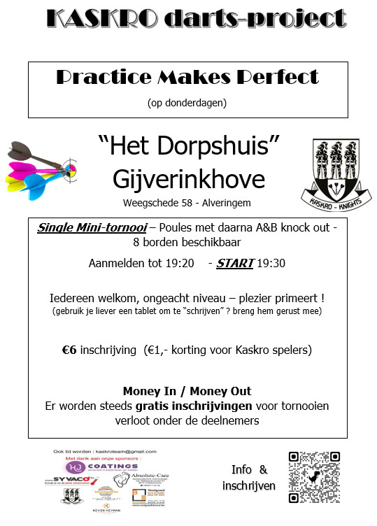 Tournament logo or poster 38e Practice Makes Perfect | Kaskro-lokaal "Het Dorpshuis" Alveringem (Gijverinkhove)